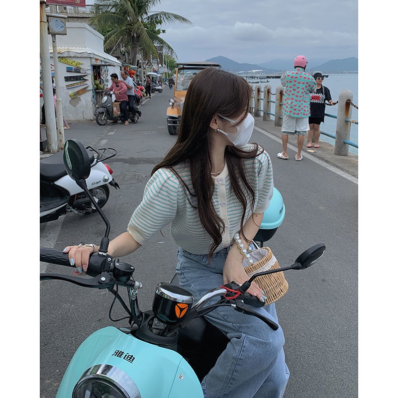 Áo cardigan PURE CUBE dệt kim tay ngắn họa tiết kẻ sọc màu sắc tương phản thời trang xuân hè cho nữ