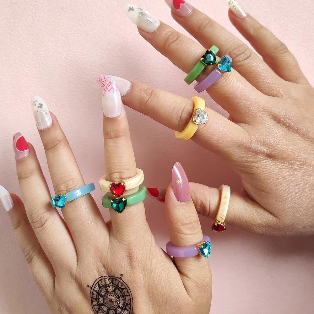 FORBETTER Nhẫn Hình Trái Tim Đính Đá Acrylic Thời Trang Hàn Quốc Cổ Điển Dành Cho Bạn Nữ
