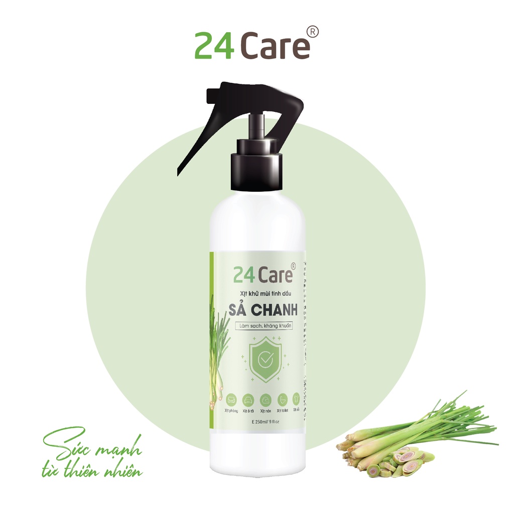 Xịt phòng hữu cơ 250ml 24Care tinh dầu Sả Chanh/ Bạc Hà/ Quế/ Lavender/ Bưởi/ Oải hương - xịt khử mùi và xua đuổi muỗi