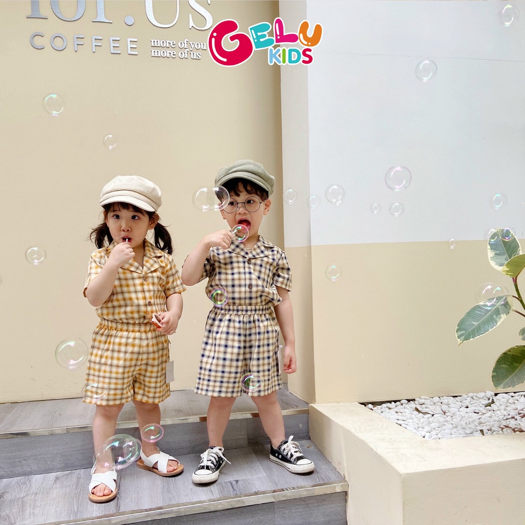 Quần áo bé trai, quần áo bé gái, set bộ sơ mi ngắn tay kẻ caro phong cách vintage Hàn Quốc - GELU Kids SBU004