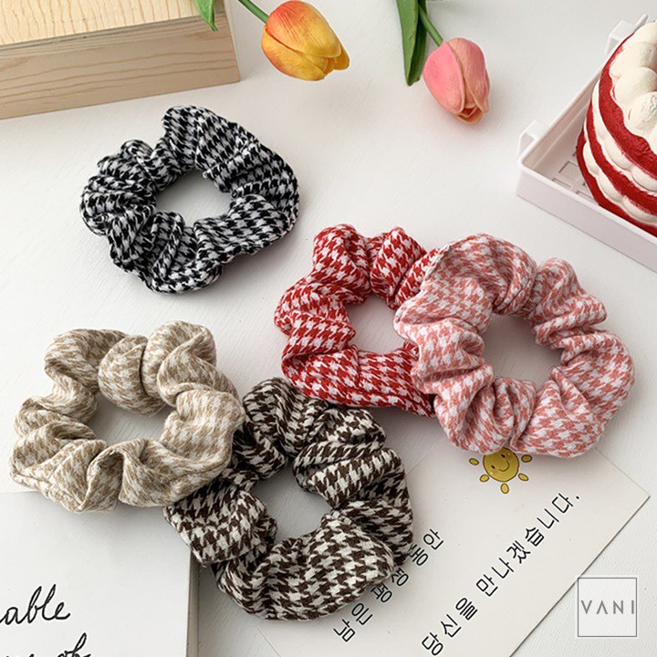 Dây Cột Tóc Scrunchies Len Nỉ Vintage Họa Tiết Houndstooth Cổ Điển - PKT88
