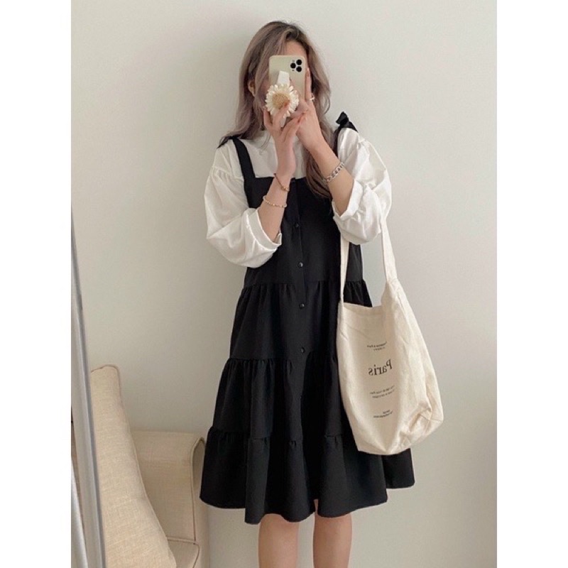 Sét váy Yếm Cúc Dọc Thân Thắt Nơ Vai Kèm Áo Sơ Mi