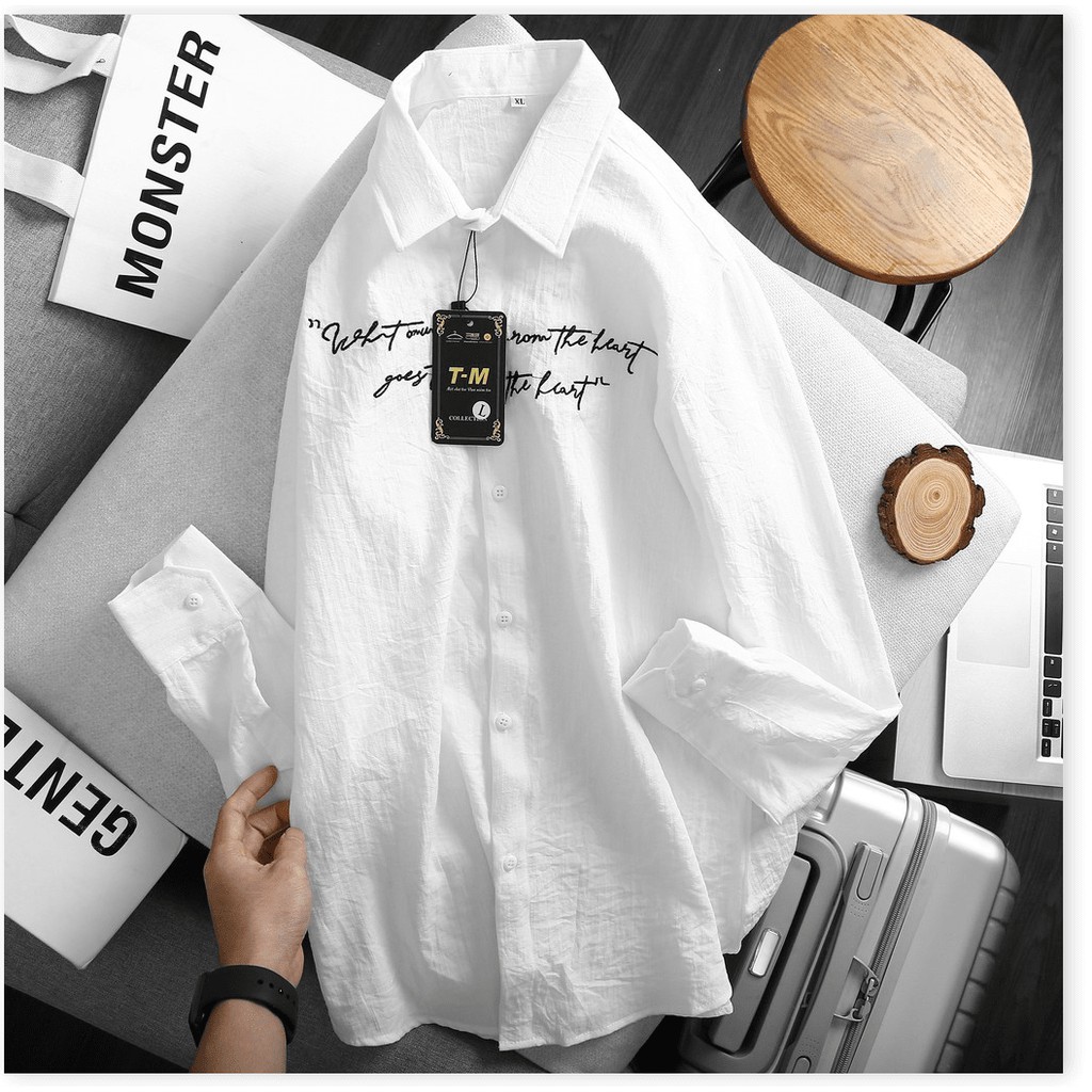 Áo Sơ Mi Nam Vải Đũi Thêu Chữ Cá Tính  Mềm Mịn Không Nhăn ! HP