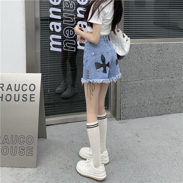 Quần Short Denim Dáng Chữ A Ống Rộng Phối Dây Rút Chất Liệu Denim Màu Đen Thời Trang Mùa Hè Cho Nữ 2022