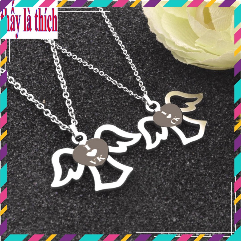 Dây chuyền cặp đôi hình thiên sứ tình yêu khắc chữ I LOVE CK / VK màu trắng-Giá bán như trên là 1 cặp = 2 sợi như hình