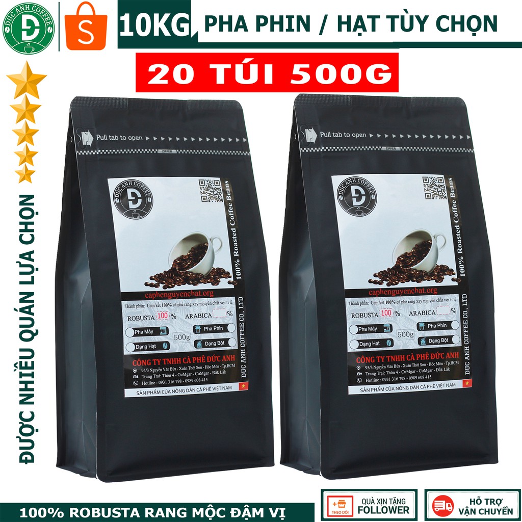 GIÁ SỈ 10kg cà phê rang mộc nguyên chất dành cho quán - thành phần 100% Robusta thương hiệu DUC ANH COFFEE (20 gói 500g)