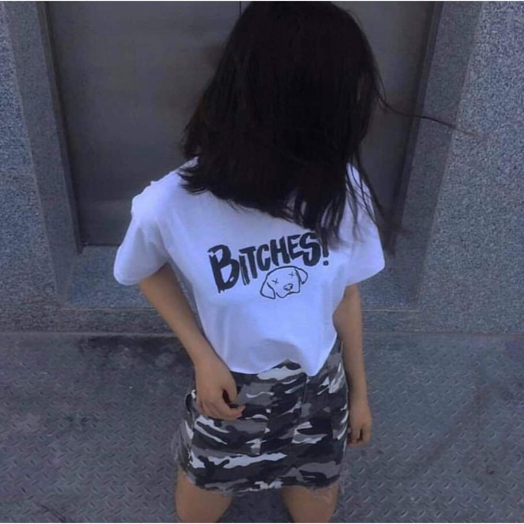 ÁO THUN CROPTOP BITCHES MÀU TRẮNG TAY LỠ ULZZANG