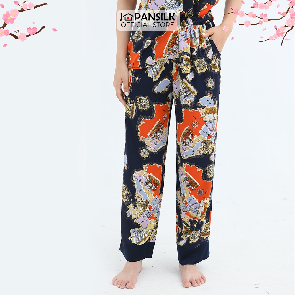 Đồ Bộ Nữ Lụa Satin Pijama Cao Cấp JAPAN SILK Tay Ngắn Quần Dài Họa Tiết Bản Đồ Vintage