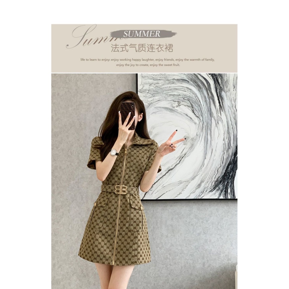 Đầm chiết eo tay ngắn phong cách hepburn thời trang vintage Pháp mùa hè 2022 cho nữ