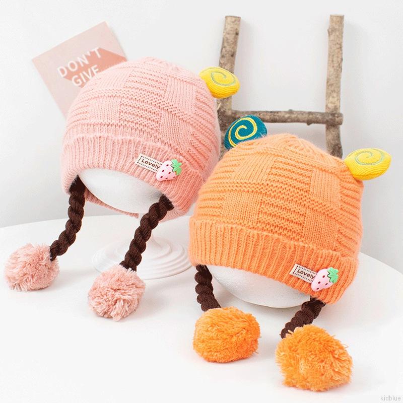 Mũ beanie dệt kim đính quả bông co giãn phong cách thu đông đáng yêu cho bé gái 0-1 tuổi