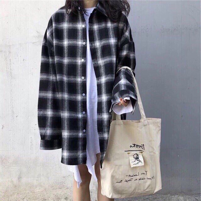 Áo sơ mi Flannel caro không nón nữ Đen Đỏ - Đen Xám chất | BigBuy360 - bigbuy360.vn