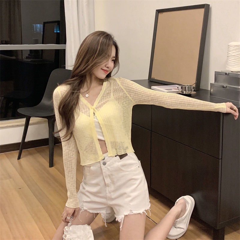 Áo Cardigan Dệt Kim Mỏng Tay Dài Cổ Chữ V Phong Cách Hàn Quốc