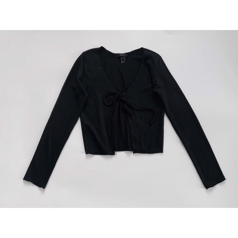 Áo khoác cột dây dài tay xoăn lai thun bo len đen