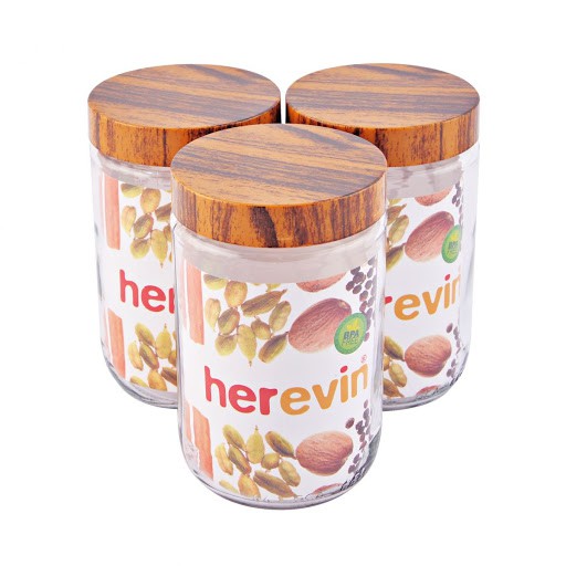 Combo 3 Hũ thủy tinh tròn nắp woody Herevin 660ml