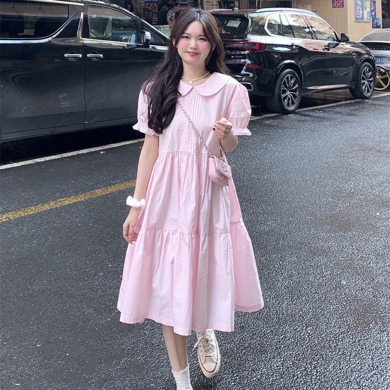Đầm búp bê xòe dáng dài cổ sen tay bồng màu hồng xinh xắn cho bạn nữ