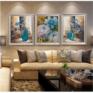 tranh thêu chữ thập bộ 3 bình hoa nghệ thuật kt 134x69cm