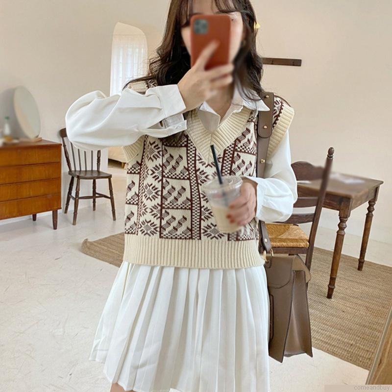 Áo dệt kim sát nách cổ chữ v phối màu tương phản phong cách retro cho nữ
 | BigBuy360 - bigbuy360.vn