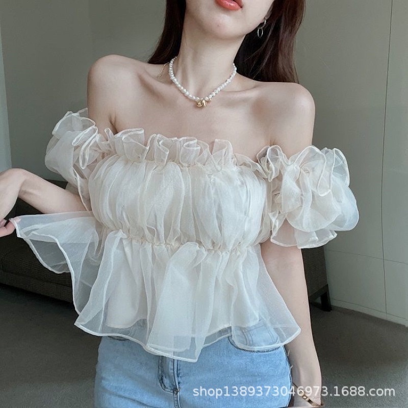 Áo croptop trễ vai tay bồng bánh bèo mùa hè 2 màu siêu cưng A1