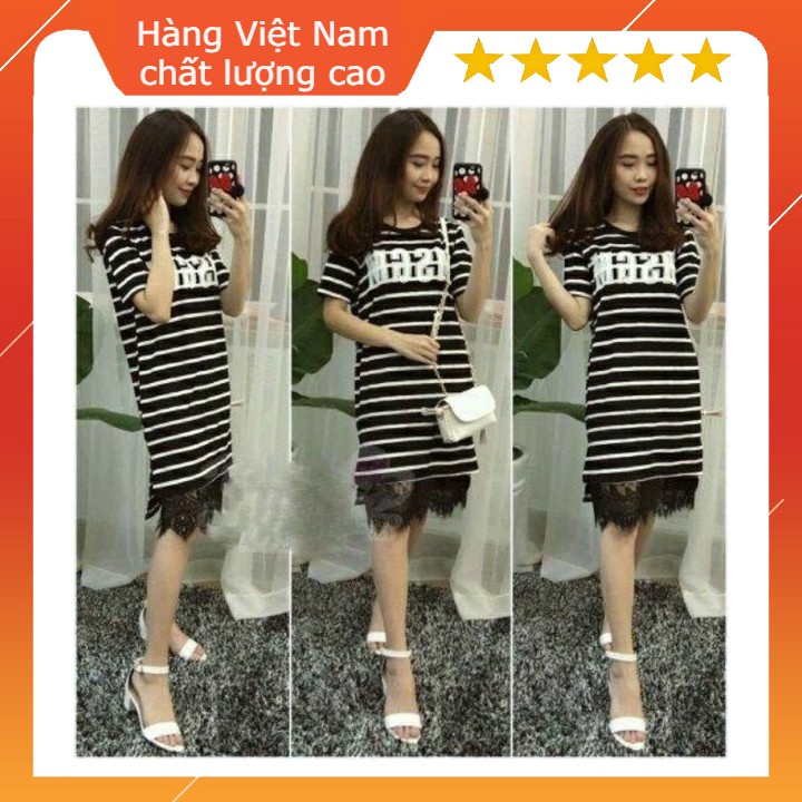 Đầm sọc phối ren (Đen)- KÈM HÌNH THẬT