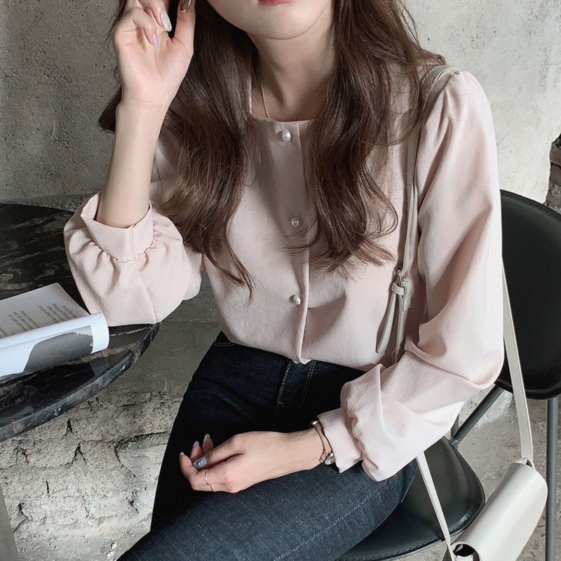 Áo Sơ Mi Dài Tay Phong Cách Hàn Quốc 175286 Áo Sơ Mi Cổ Vuông Dáng Rộng Màu Sắc Ngọt Ngào Phong Cách Phương Tây