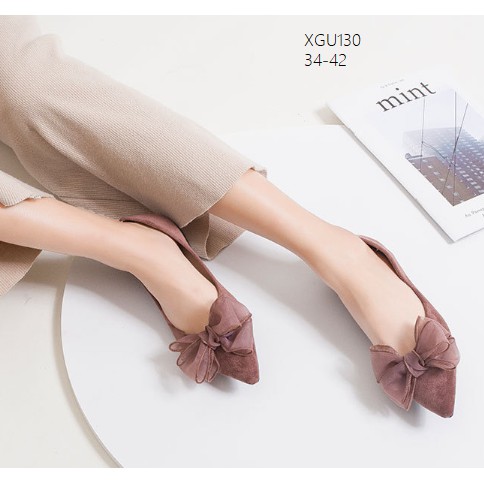 XGU130 Giày búp bê da lộn gắn nơ voan nữ tính | BigBuy360 - bigbuy360.vn