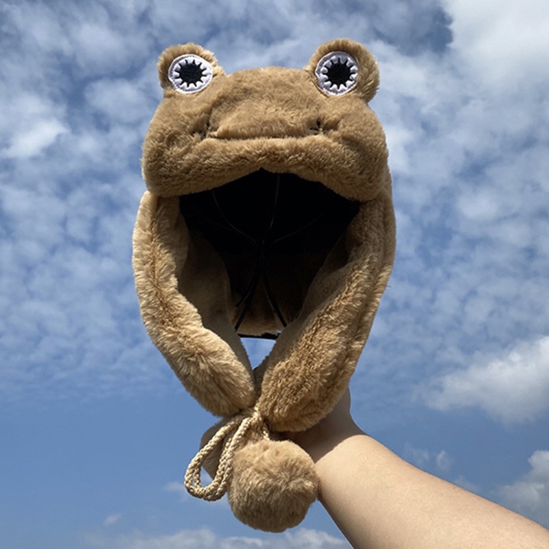 Mũ Trùm Đầu Giữ Ấm Tai Đính Mắt Ếch Nhồi Bông Dễ Thương Cho Nữ