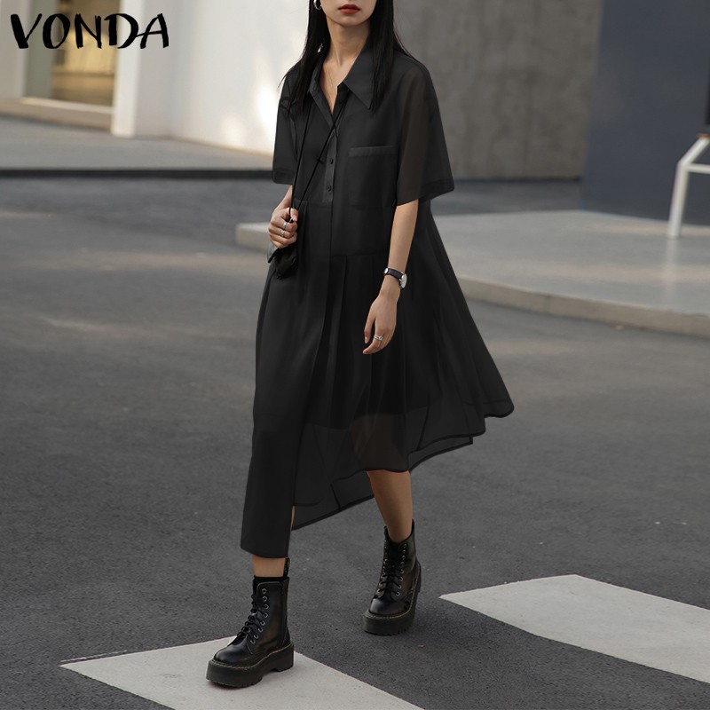 VONDA Women Two Piece Turn Down Collar Short Sleeve Button Dress | BigBuy360 - bigbuy360.vn