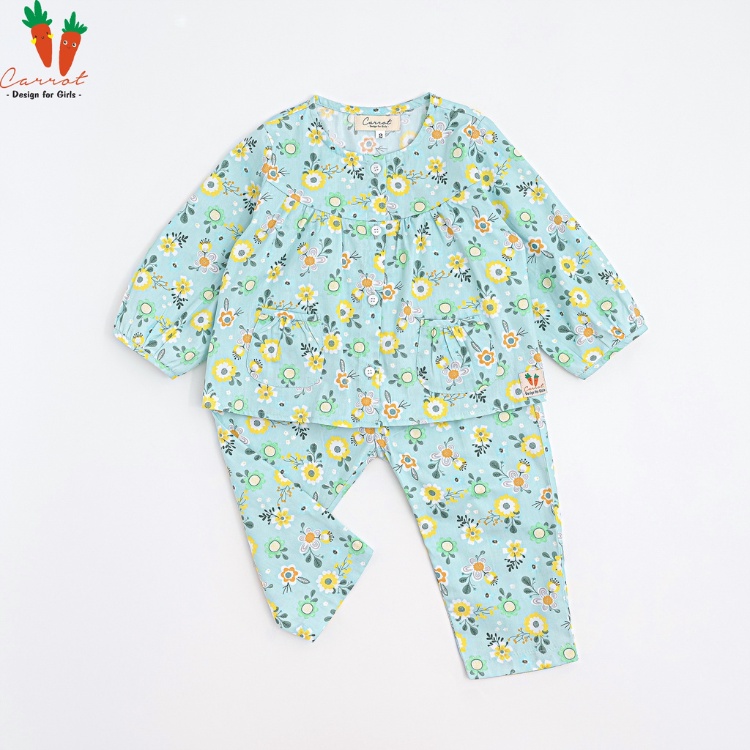 Bộ Dài Tay Cho Bé Gái Carrot, Họa Tiết Hoa Vàng Nền Xanh, Teddy Hồng, Vàng, Chất Thô Cotton Thoáng Mát Thấm Hút Mồ Hôi