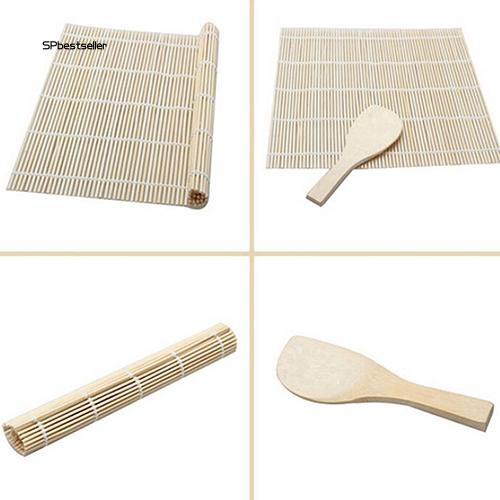 Thảm cuộn sushi tiện dụng bằng tre kèm muỗng xới cơm kích thước 24cm x 24cm