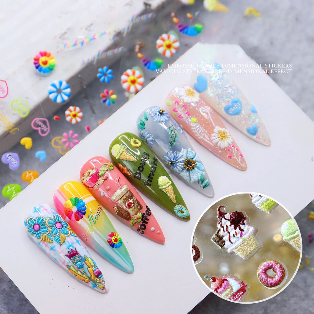 Miếng Dán Trang Trí Móng Tay Tự Dính Dập Nổi Họa Tiết 5D DIY