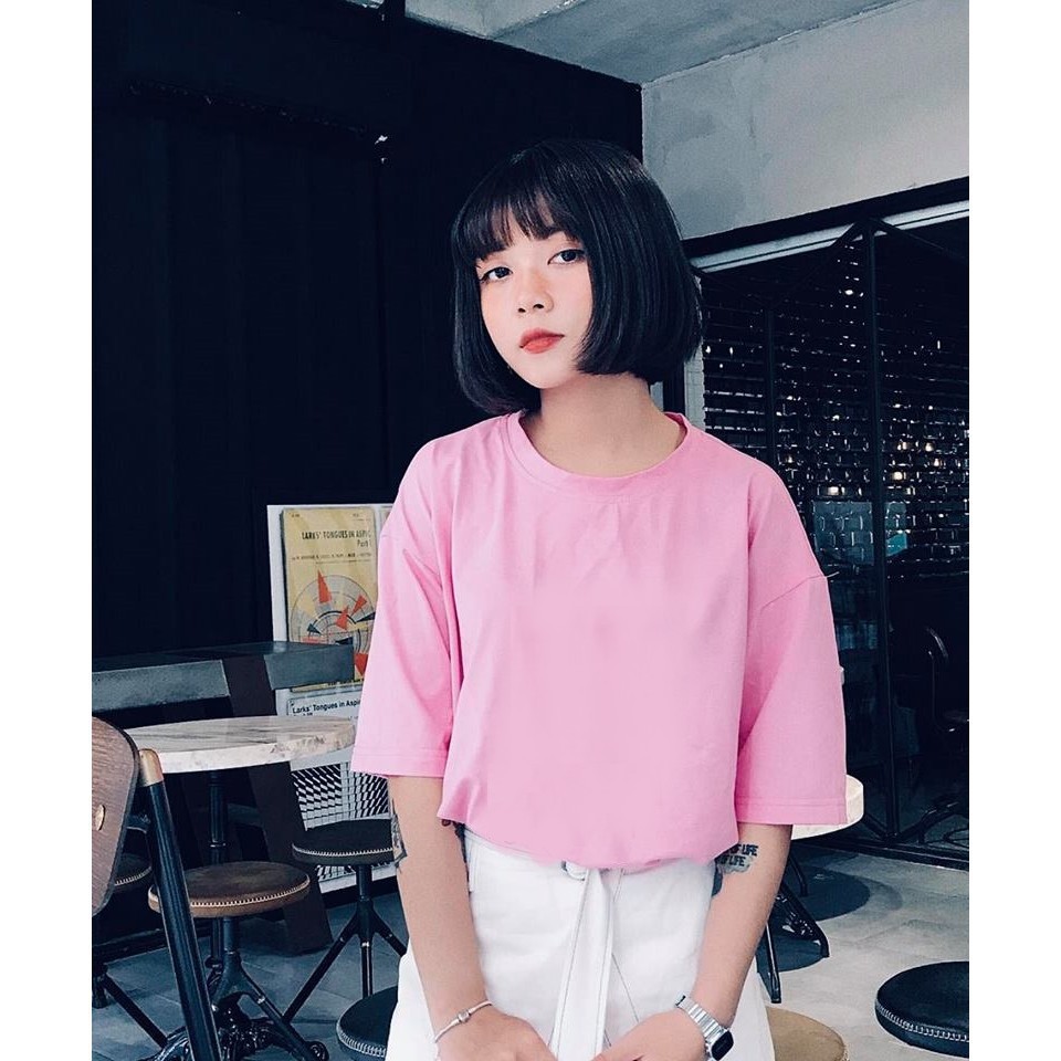Áo phông hồng trơn form rộng tay lỡ - áo over hồng - pink tee