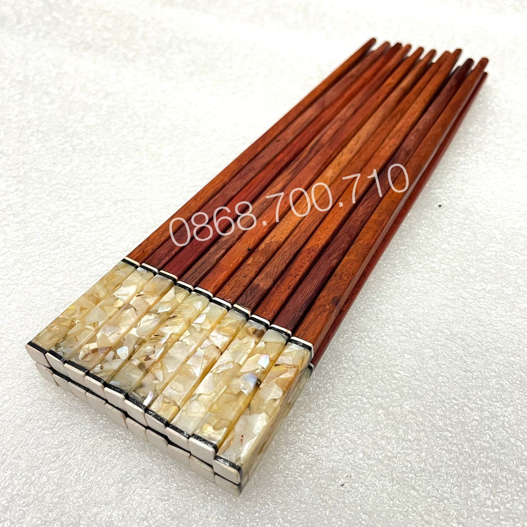 Đũa ăn gỗ Cẩm lai cao cấp đầu vuông gắn trai biển trắng - bộ 10 đôi