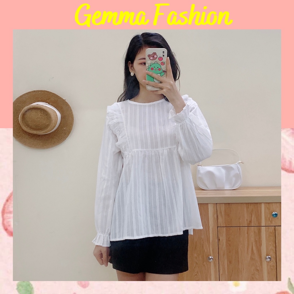 Áo Sơ Mi Dài Tay Dáng Babydoll - Tay Bo Chun, Phối Ren 2 bên cổ tròn xinh xắn A088