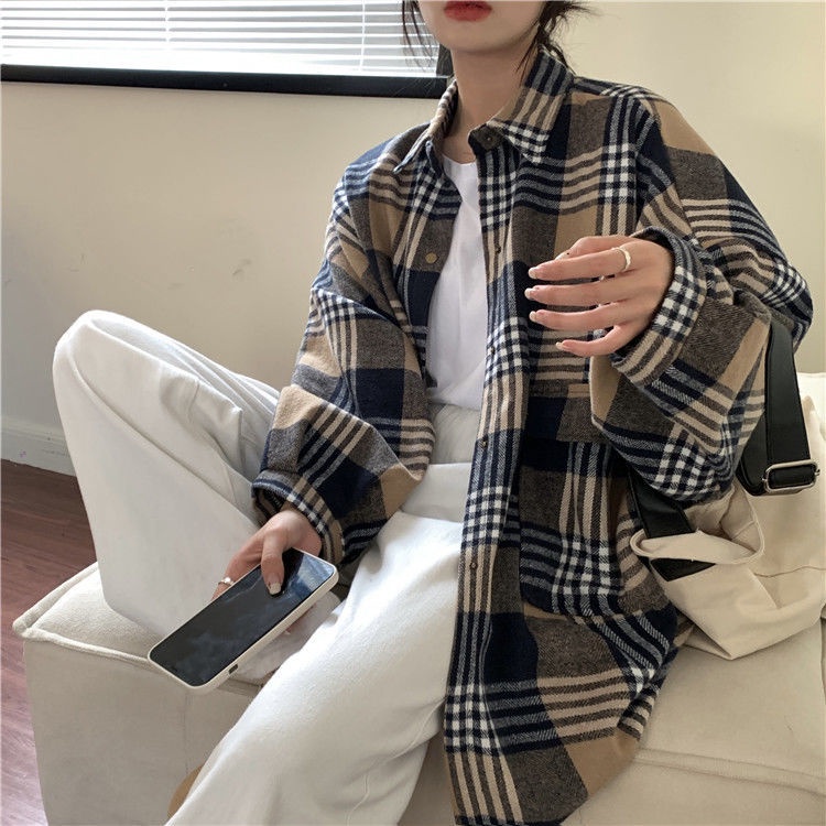 Áo khoác sơ mi tay dài dáng rộng kẻ sọc caro phong cách retro mới