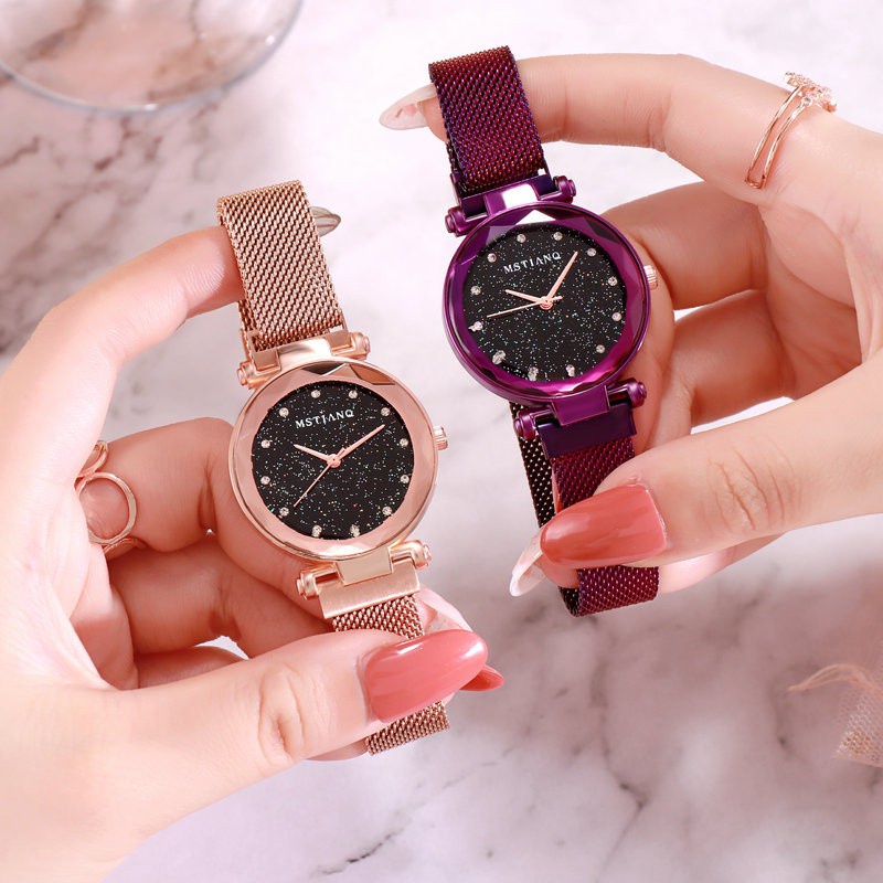 Đồng hồ quartz nữ mặt tròn đính hột xoàn dây thép không gỉ
