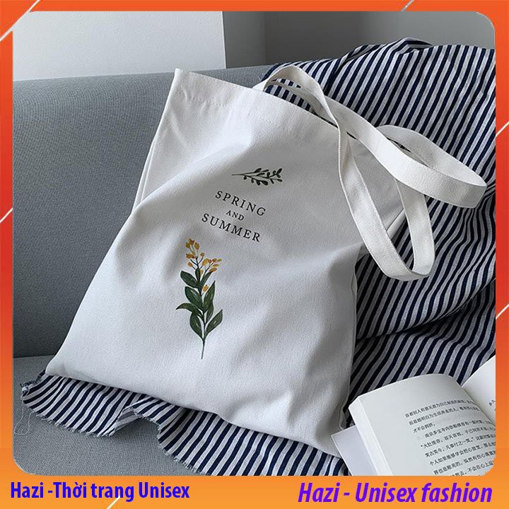 Túi tote vải bố đựng đồ canvas đeo vai phong cách Hàn Quốc in hình lá cải cute