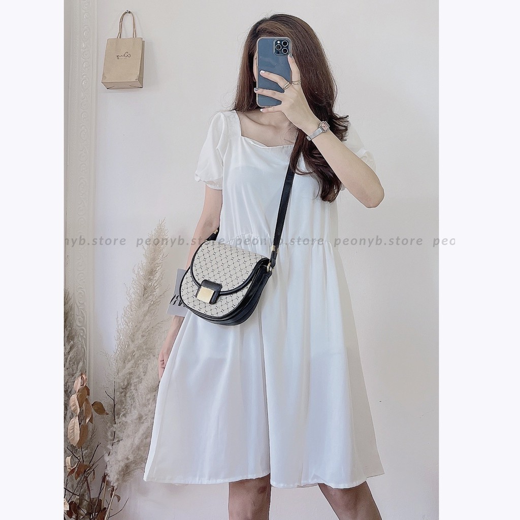 Váy Babydoll Cộc Tay Dáng Xòe Nữ - Đầm suông trơn tay bồng thiết kế cổ vuông Ulzzang