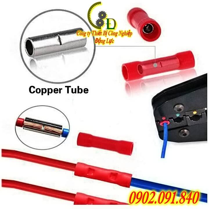 Đầu cos nối thẳng 100cái 💥 cút cosse bọc phủ nhựa BV 2, cốt bấm dây điện 1.5mm đến 2.5mm bằng đồng