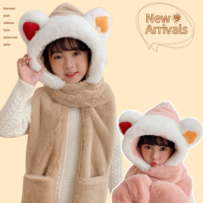 Mũ Lông Cừu Tai Gấu Kèm Khăn Quàng Cổ Và Găng Tay Ấm Áp Ulzzang Hàn Quốc Cho Bé Mùa Thu Đông
