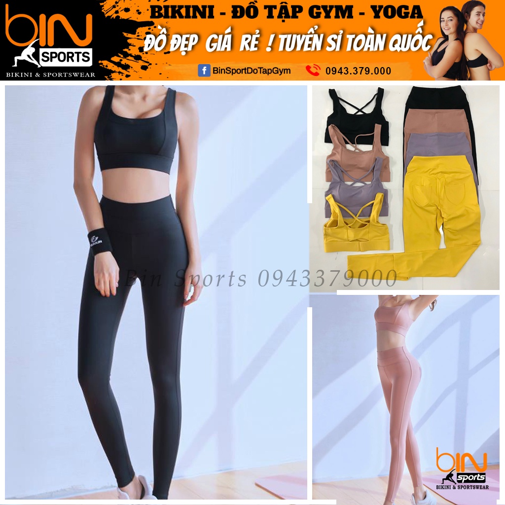 Đồ tập gym nữ, set bộ thể thao áo bra khóa cài, quần dài lưng cao thun lì mịn quảng châu cao cấp Bin Sport BD129