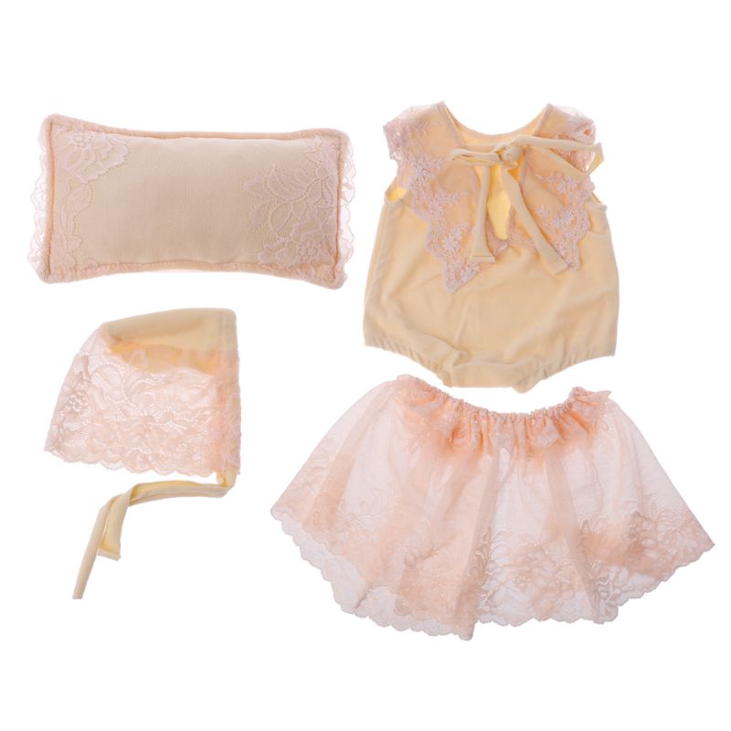 Mary☆Newborn Baby Photography Props Soft Lace Positioner Pillow  Flowers Hat+Dress Outfits Set