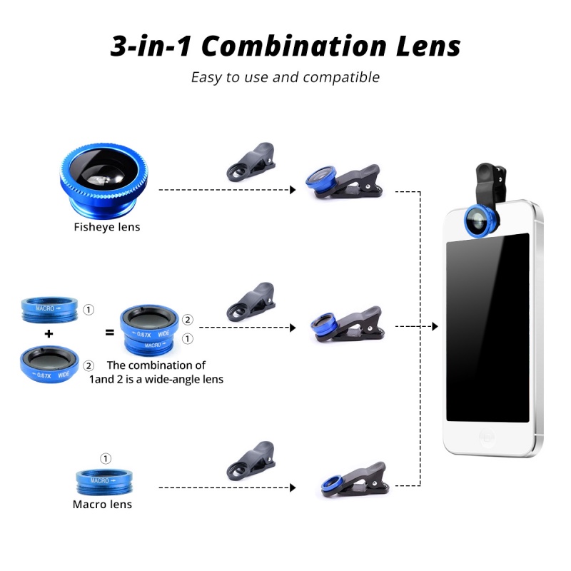 Ống kính macro/ mắt cá/ góc rộng FONKEN 3 trong 1 có kẹp gắn điện thoại thông minh 