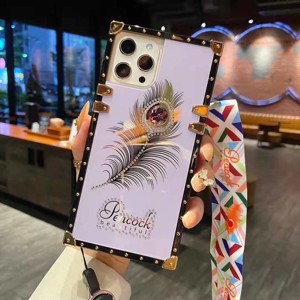 Ốp Điện Thoại Hình Vuông Họa Tiết Lông Vũ + Dây Đeo Sang Trọng Cho IPhone 13 12 11 Pro Max Xs XR 6 6s 8 7Plus