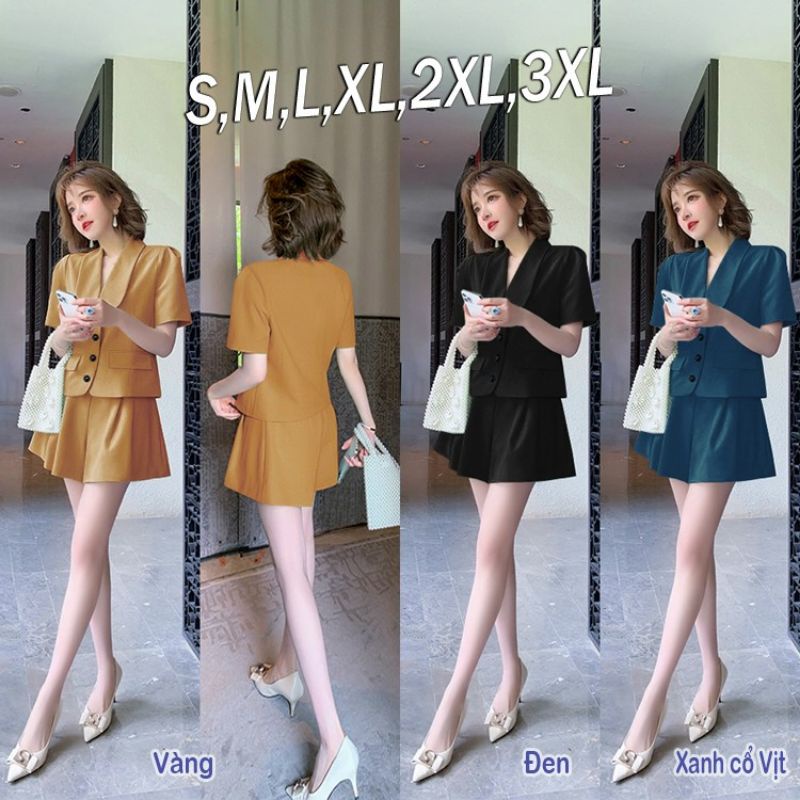 Set nguyên bộ quần short giả váy lưng thun áo cổ lá sen 2 túi giả xinh xắnGiá : 300k Size : S,M,L,XL,2XL,3XLChất liệu
