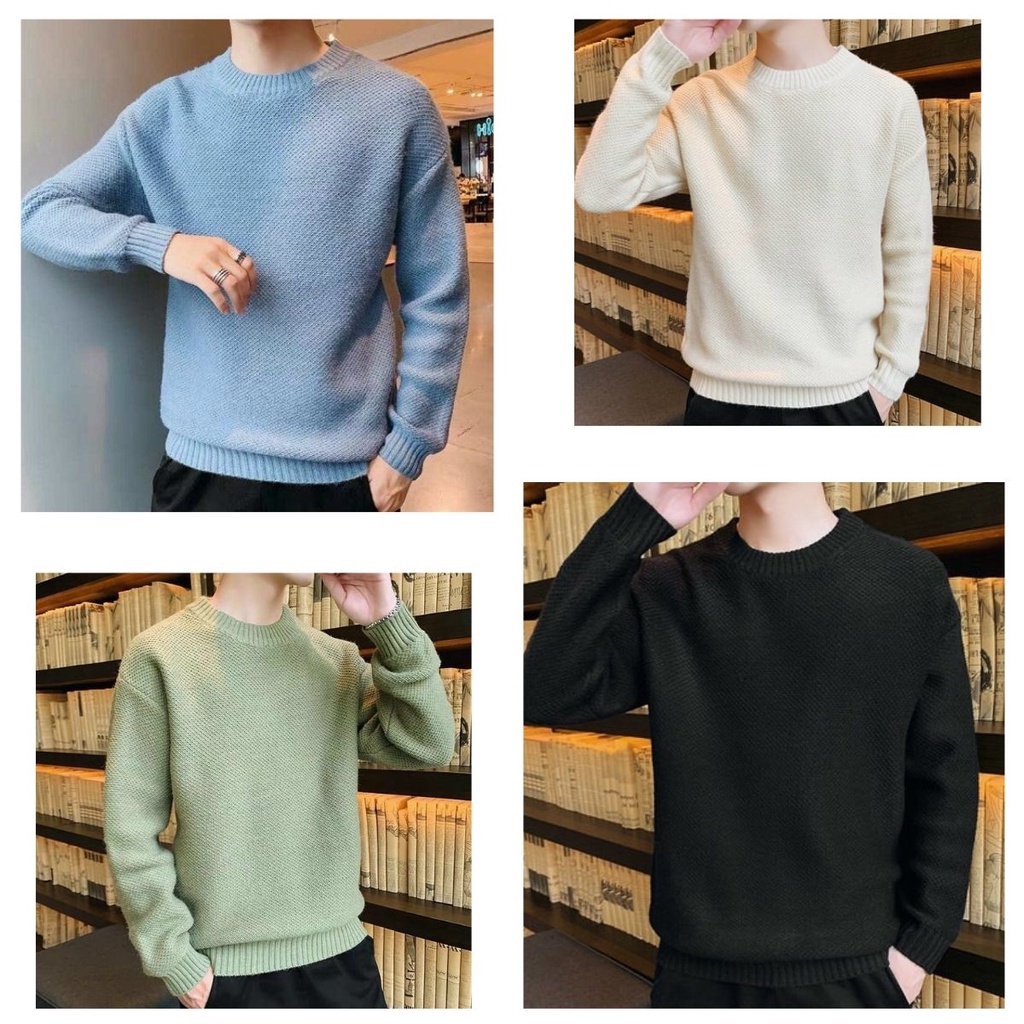 Áo Len nam  cổ tròn trẻ trung, len hạt gạo co dãn_mins.office