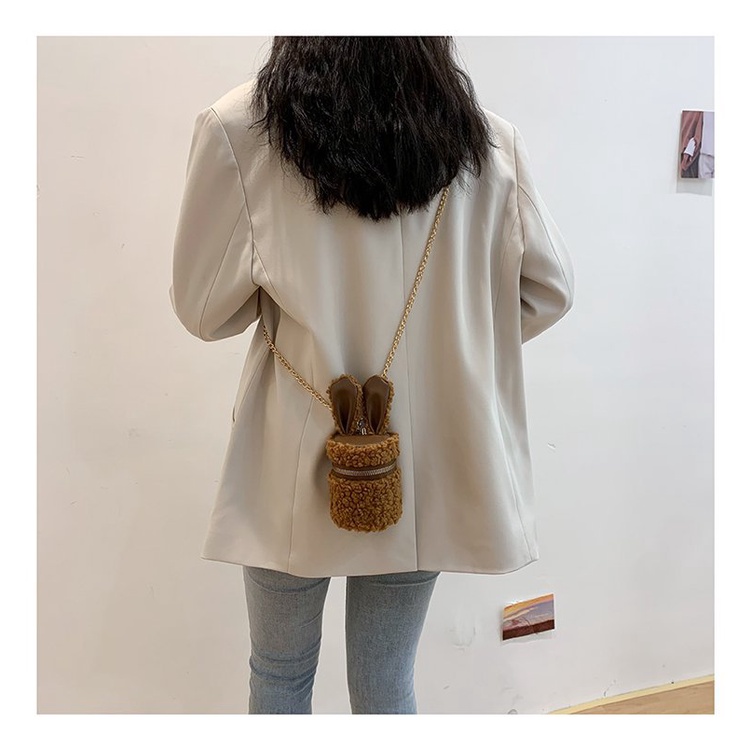 Túi Đeo Chéo Lông Cừu Mini Hình Trụ Đính Tai Thỏ Thời Trang Cho Nữ