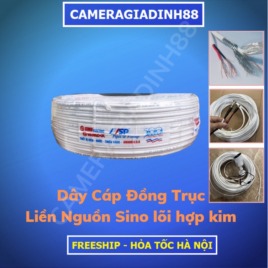 Cáp đồng trục liền nguồn Sino 200m thi công lắp Camera lõi hợp kim dây màu trắng Hàng Chính Hãng