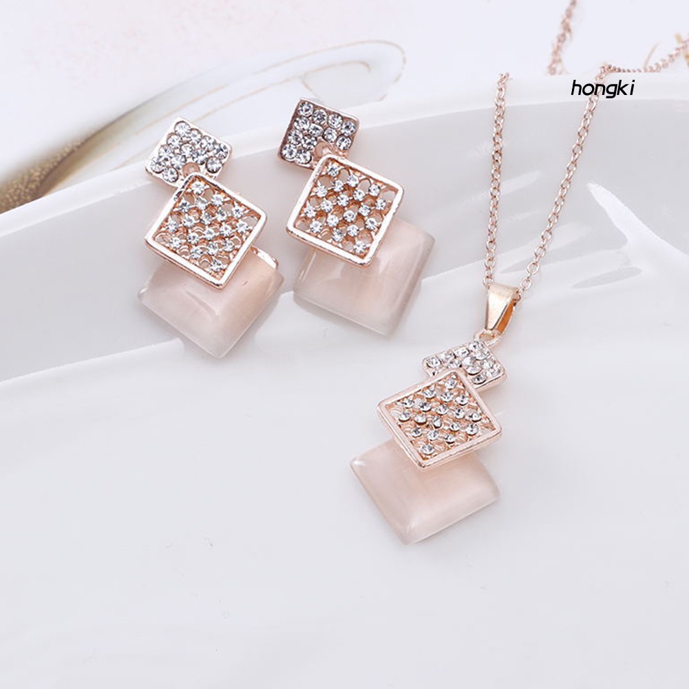 Set Vòng cổ Và Bông Tai Đính Đá Opal Hình Vuông