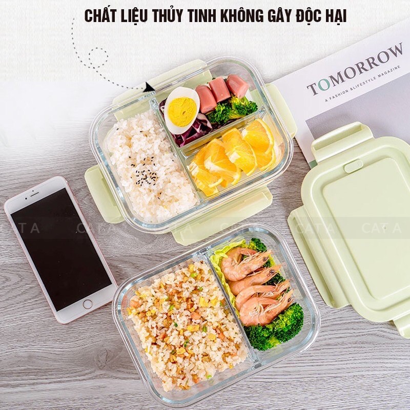 Hộp cơm thủy tinh cao cấp 3 ngăn, Hộp đựng thức ăn thủy tinh 1000ML | BigBuy360 - bigbuy360.vn