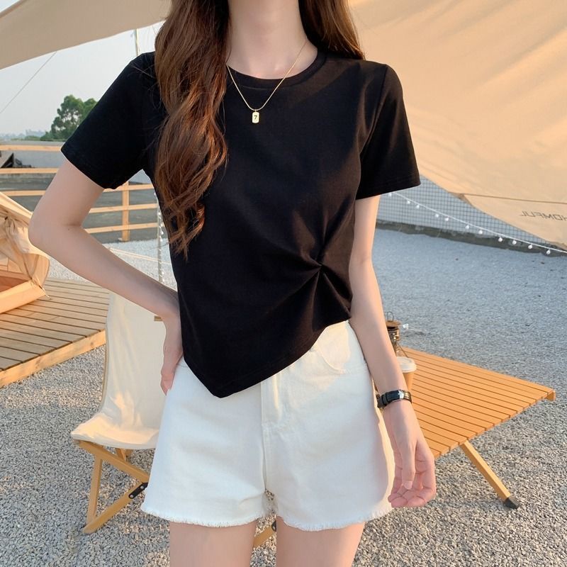 Áo thun SUXI crop top tay ngắn cổ tròn màu trơn thời trang mùa hè cho nữ